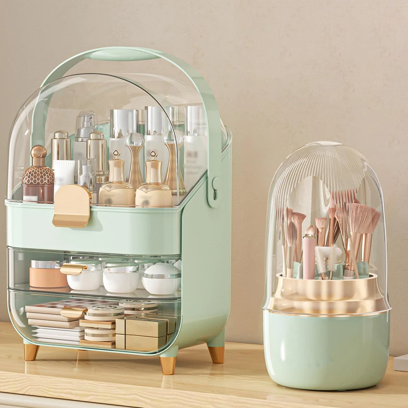Makeup Organizer Countertop, Skincare Holder Bathroom Counter Organizer, Storage Box Cosmetic Display Cases, Teen Girl Gifts Make up Organizers (Green/Brush)