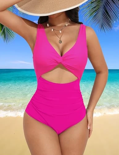 Generic One Piece Swimsuit High Waisted V Neck Cutout Monokini - Pink