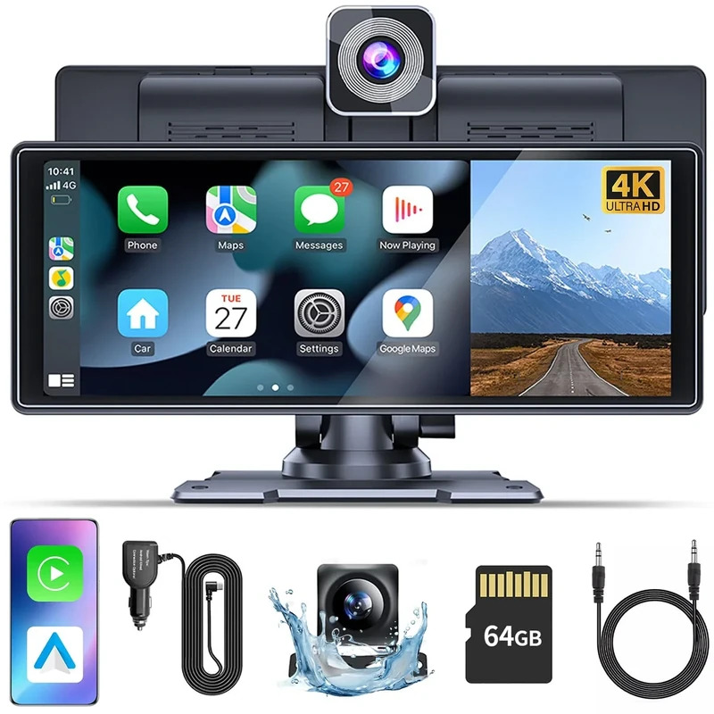 Carplay Screen for Car with Camera - 10.26 Inch Car Tablet, with 4K Front & 1080P Rear Dash Cam, Bluetooth/AUX/FM, Loop Recording, 64GB TF, Portable Mount (iOS/Android)