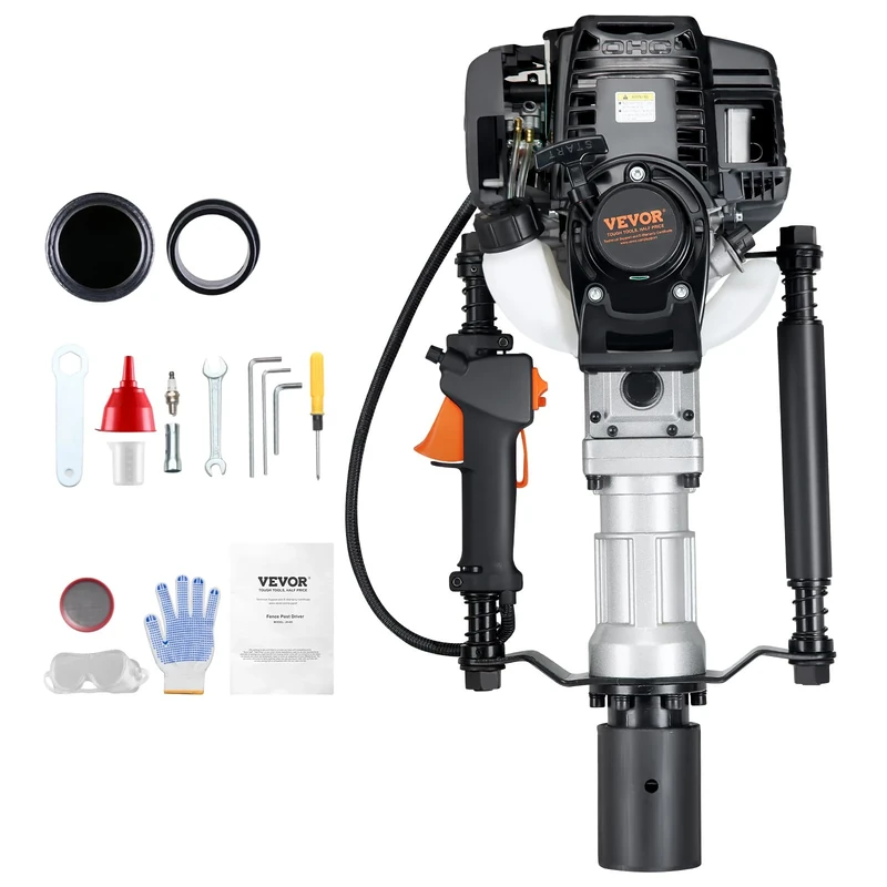 VEVOR 37.77cc Gas-Powered T Post Driver, 4-Stroke Engine Gasoline Fence Piling Pounder, with 2 Post Driving Head(55/70 mm), 1000W Portable Piledriver for Farm, Ranch Fencing, Road Improvements