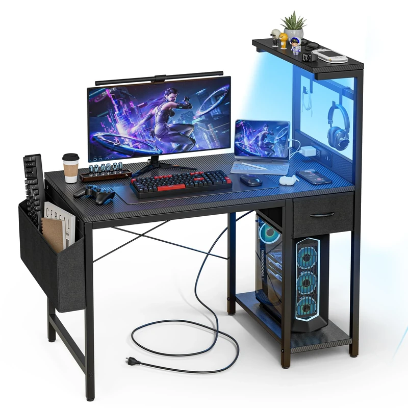Grandder Gaming Desk 100 x 50 cm with Power Outlet and LED Light, Pc Small Computer Desk with Reversible Shelves and Storage Drawer, Pc Small Table for Home Office Table with Bag, Carbon Fiber Black