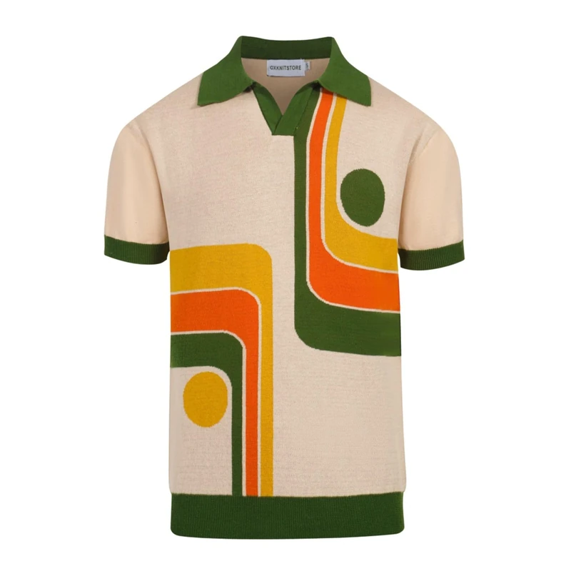 OXKNIT Mens Knit Polo Shirts 1960s Mod Style Vintage Short Sleeve Shirt with Geometrical Design, Green, XXL
