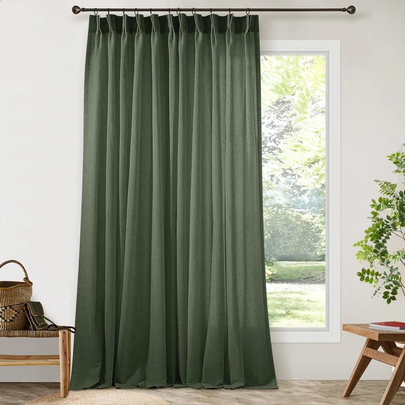 Olive Green Pinch Pleated Linen 102 Inch Curtains 72 Inch Wide for Living Room Divider Light Filtering Semi Sheer Privacy Extra Wide Patio Curtains for Sliding Door Balcony Picture Window 72x102