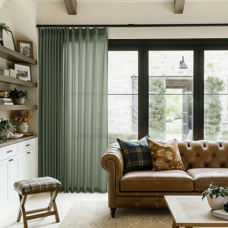 Olive Green Extra Wide Pinch Pleated 100 x 102 Inch Linen Curtains for Living Room Light Filtering Semi Sheer Pleat Drape with Hooks Rings Back Tab for Patio Glass Sliding Door Curtain 102 Inch Long