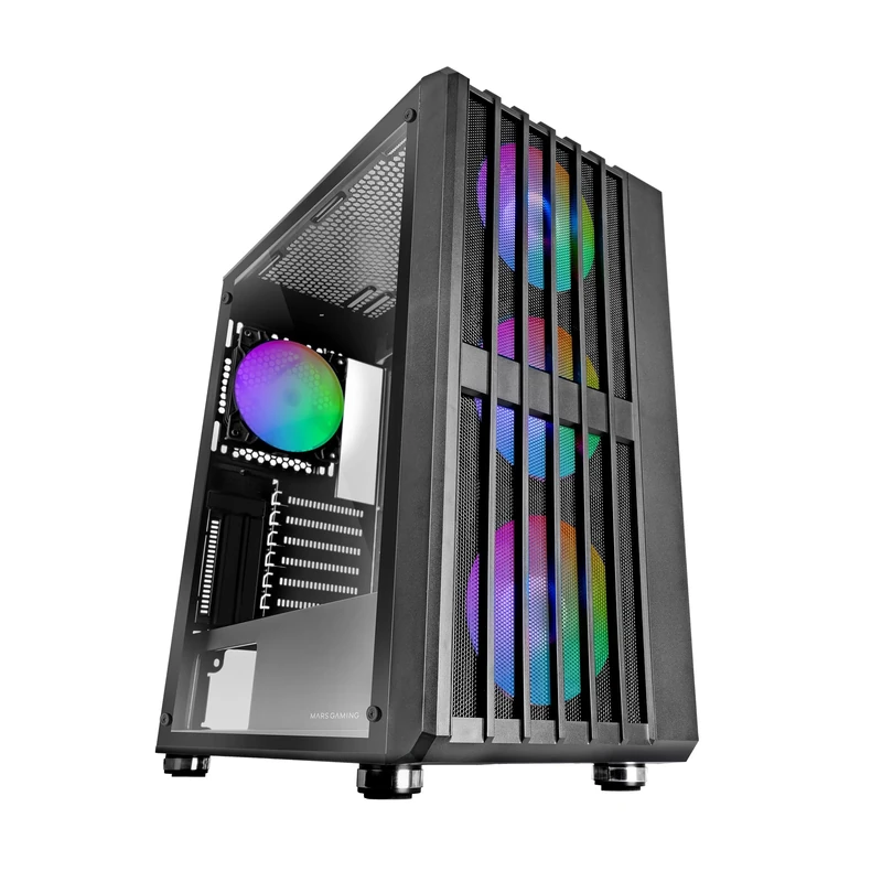 Mars Gaming MC-VAULT, ATX Gaming Case, 4x 120mm ARGB Fans, Vertical Mesh Front Panel Design, Tempered Glass Side Window, 3x Vertical PCI Slots, Professional PC Mid-Tower, Black