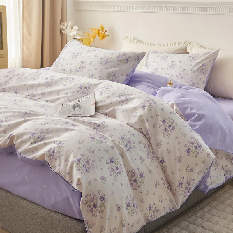 HighBuy Purple Floral Duvet Cover Full Teen Girl Botanical Flower Coquette Bedding Comforter Cover Soft Cotton with 2 Pillowcases Cottagecore Full Duvet Cover with Zipper Ties,3 Piece Bedding Sets