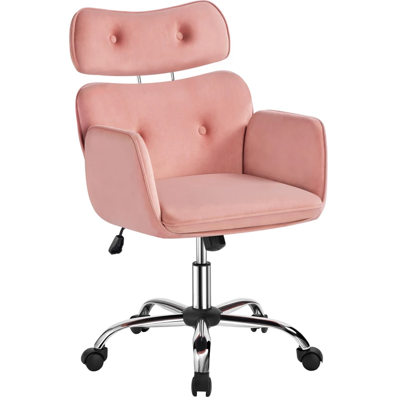 Yaheetech Velvet Vanity Swivel Chair with Adjustable Headrest, Ergonomic Rolling Makeup Chair w/Lumbar Support for Bedroom, Study, Office, Pink
