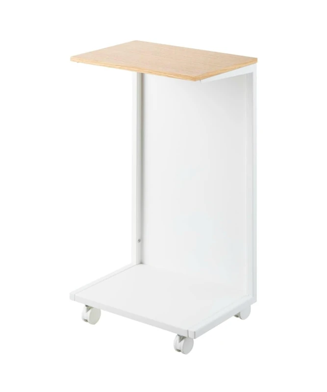 Yamazaki 1415 Tower Semi-Closed Side Table with Wheels and Wooden Shelf, White, Steel/Wood/Nylon, Minimalist 31 x 22 x 55 cm (L x W x H)