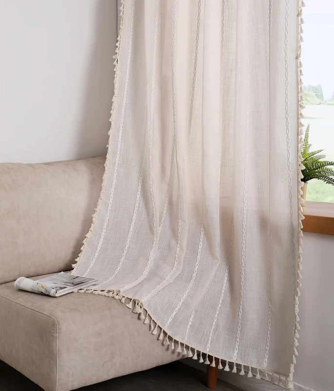 RoomTalks Boho Beige Curtains for Bedroom Living Room 96 Inch Length French Country Modern Farmhouse Cotton Window Curtain Panels Embroidery Striped Bohemian Tassel Draperies, 96’’L x 52’’W