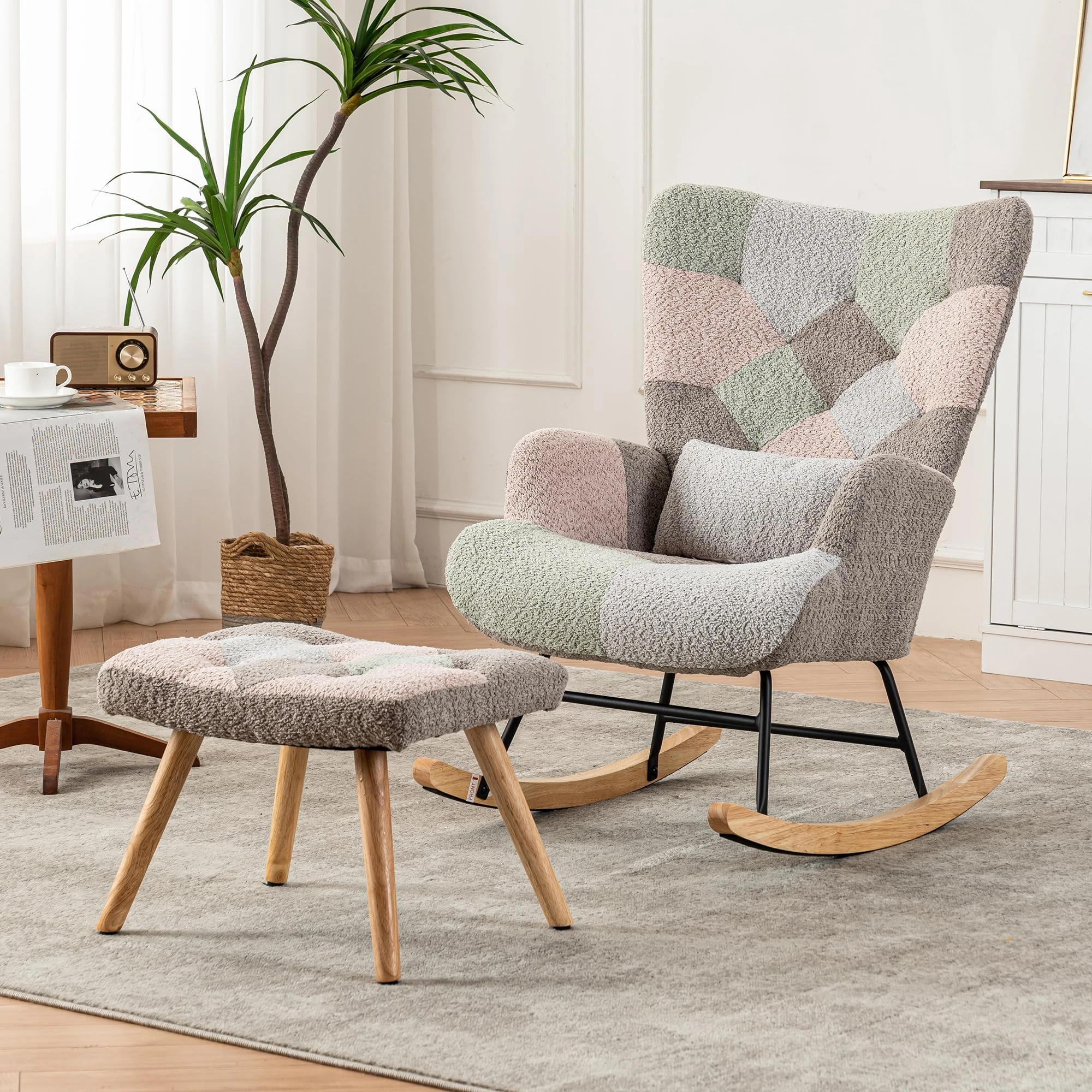 ModernLuxe Rocking Chair with Ottoman, Accent Armchair with Solid Wood Legs, Footstool and Pillow for Living Room and Bedroom, Patchwork Fabric Wingback,Multicolour