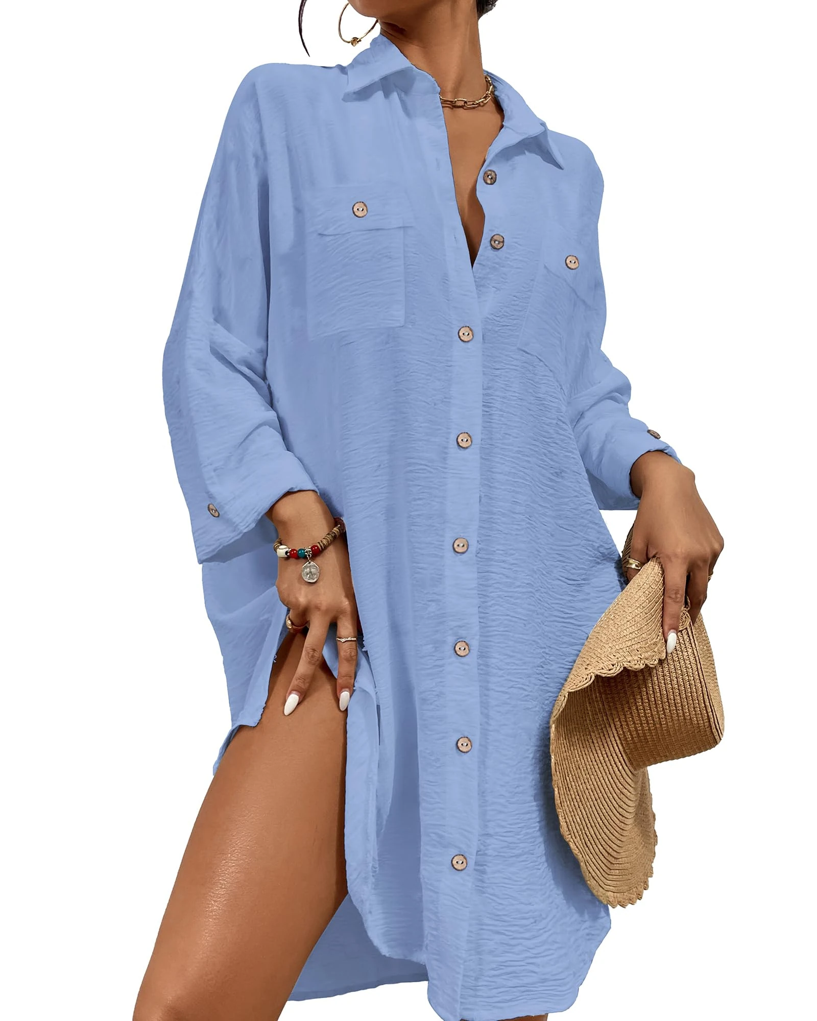 Bsubseach Modern Swimsuit Coverups for Women Button Down Beach Shirt Dress Tops Resort Wear Sky Blue L