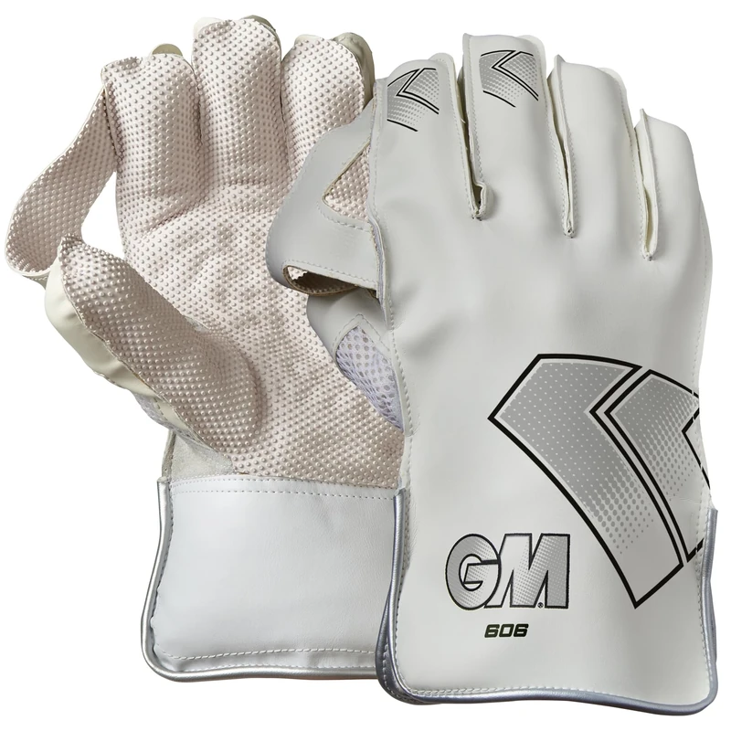 Gunn & Moore GM | Cricket Wicket Keeper Keeping Gloves | 606 | PU Lining & Pimple Rubber Palm | PU Faux Leather Back of Hand | Junior | 1 Pair | White & Black with GM Logo