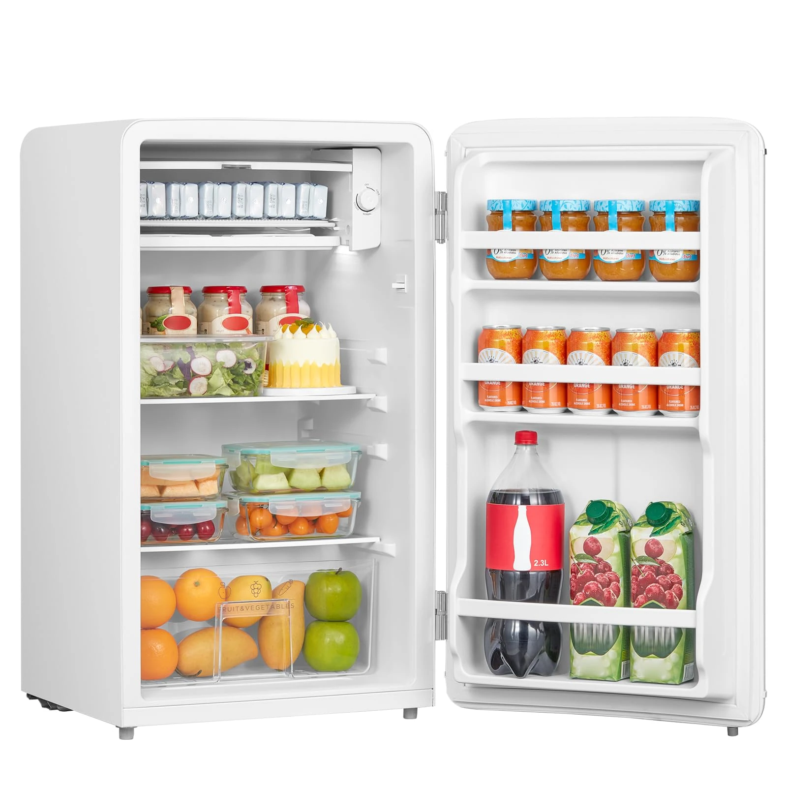 COMFEE' RCD93WH2UKRT(E) Under Counter Fridge Only, 93L Retro Freestanding Fridge with Chiller Box, Adjustable Thermostats, LED light, White