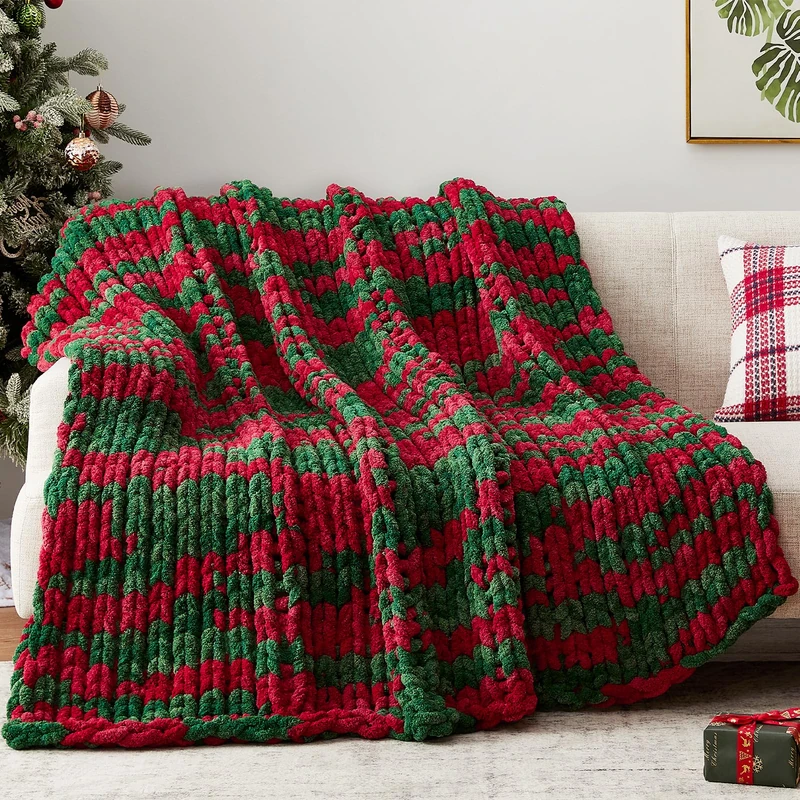 Negwoo Chunky Knit Throw Blanket, 50''*60'' Knitted Throw Chenille Yarn for Bed Couch, Handmade Stripe Crochet Big Thick Blanket, Machine Washable Cute Comfy Blanket for Home Decor
