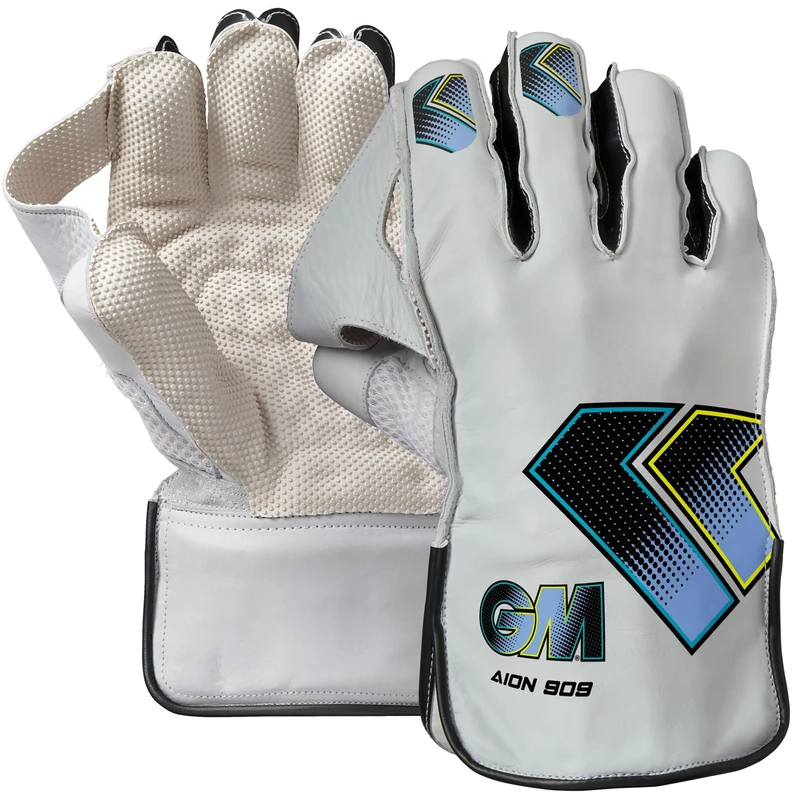 Gunn & Moore GM | Cricket Wicket Keeper Keeping Gloves | Aion 909 | PU Lining & Calf Leather Palm | Aniline Leather Back of Hand | Adult | 1 Pair | White, Cyan & Fluro with GM Logo