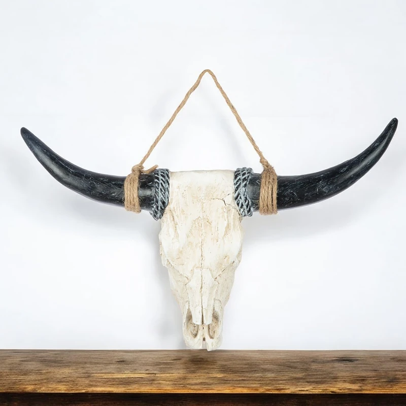 Casablanca Antlers Decoration Buffalo Head - Bull Head Wall Decoration Animal Skull Decoration Made of Poly Black White - Skull Decoration for Hanging - Width 80 cm Height 56 cm