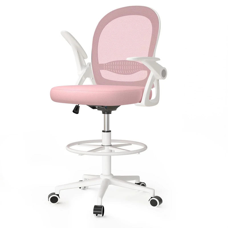 naspaluro Drafting Chair Tall Office Chair Ergonomic Desk Chair Swivel Painting Chair with Flip-up Armrests and Adjustable Footrest Ring for Home Office - Pink