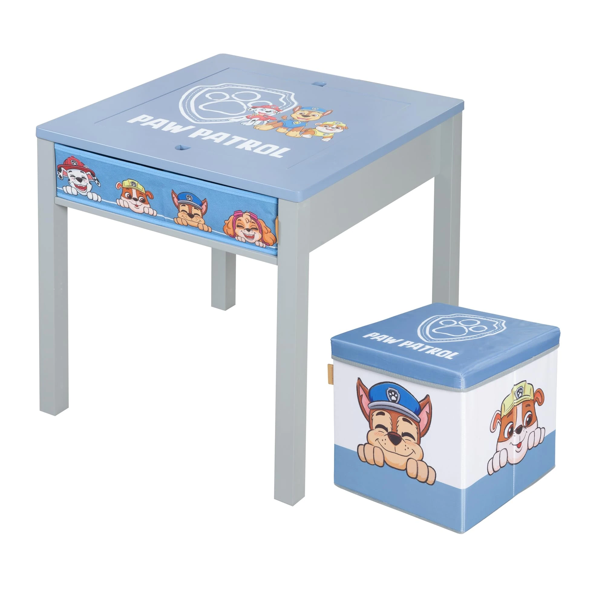 roba Paw Patrol Kids Seat Set - Table with Reversible Tray + Stool - From 18 Months - Cartoon Dog Seat Furniture - Wood Grey/Blue