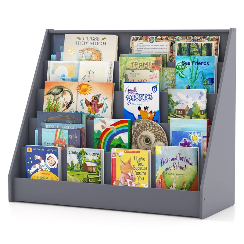 GYMAX Kids Bookcase, 5-Tier Children Bookshelf with Deep Compartments, Wooden Toddler Book Storage Rack for Kid's Room Nursery Kindergarten (Grey)