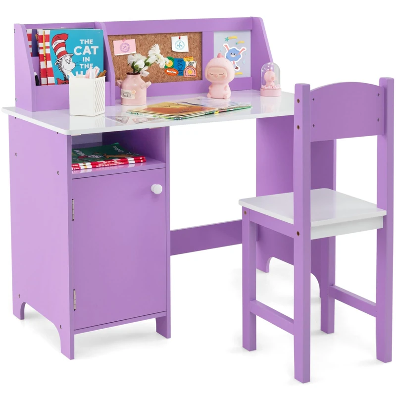 GYMAX Kids Desk and Chair Set, Wooden Children Table with Chair, Storage Space & Bulletin Board, Toddler Study Desk Set for 3 Years Old + Boys Girls (Purple)