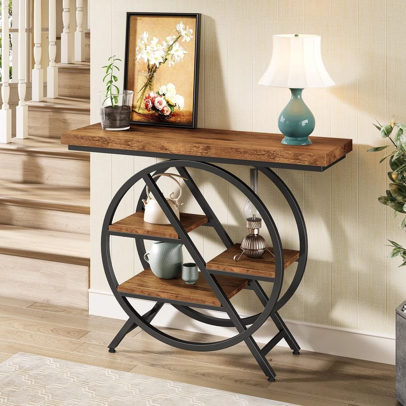 LITTLE TREE Console Table for Entryway, 39.37" Sofa Table Behind Couch, Wooden Industrial 4-Tier Narrow Accent Table with Metal Frame for Entrance, Living Room, Hallway, Foyer