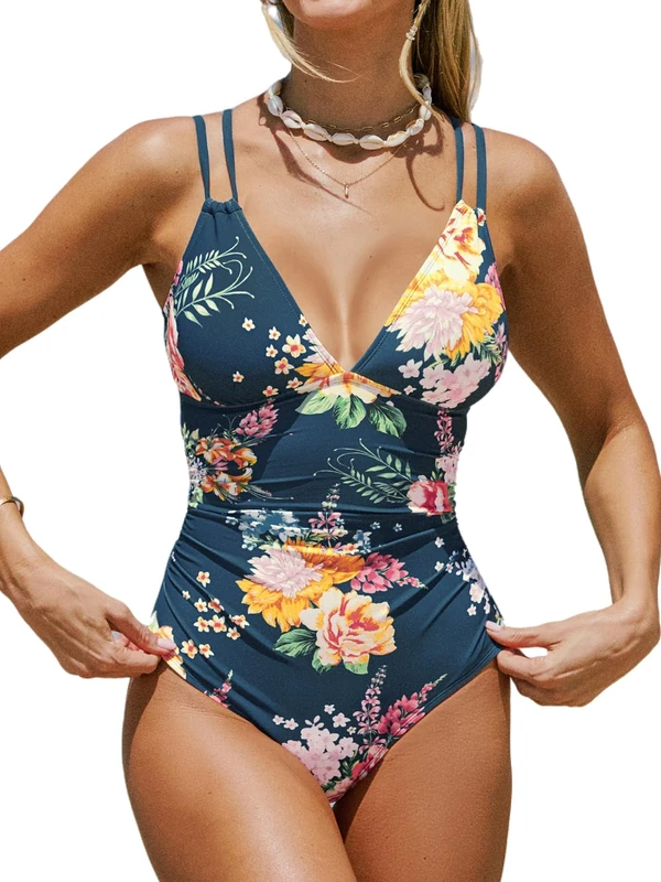 CUPSHE Women's One Piece Swimsuit V Neck Tummy Control Swimming Costume Double Adjustable Straps Back Cutout O-Ring Teal Blue/Floral XS