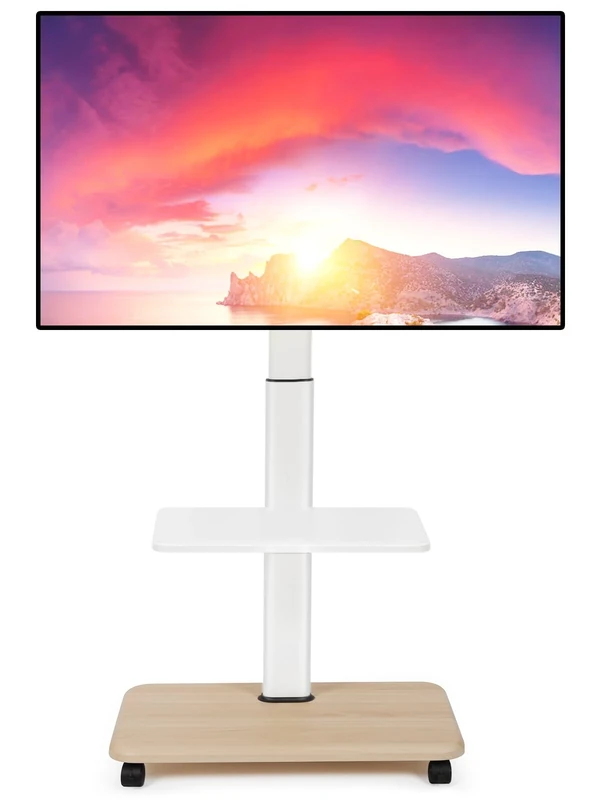 Mobile tv Stand on Wheels Rolling TV Stand for 32-70 Inch Flat/Curved LED/LCD/OLED Height Adjustable Mobile TV Cart up to 100lbs Floor TV Stand with Laptop DVD Shelf for Bedroom Outdoor White