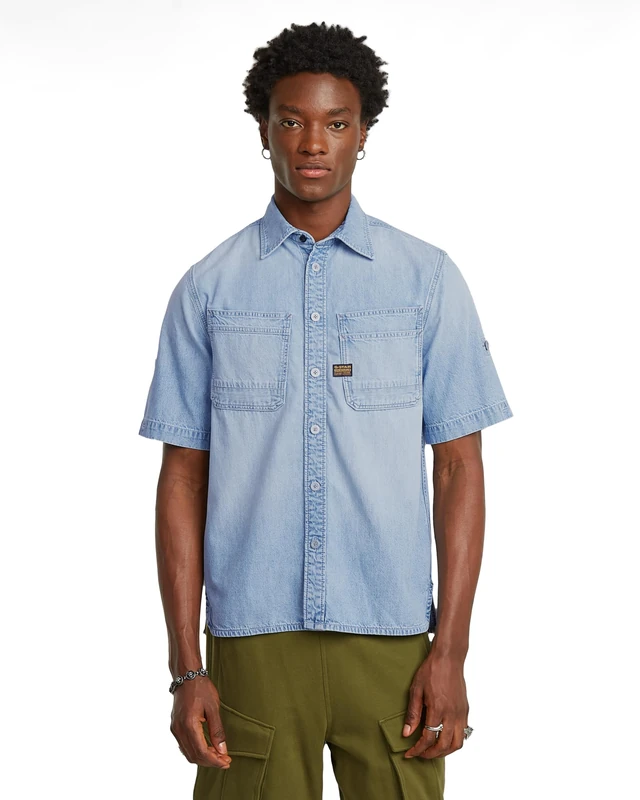 G-STAR Men's Slanted Double Pocket Regular Shirt, Sun Faded Blue Mist D24602-d539-g342, M