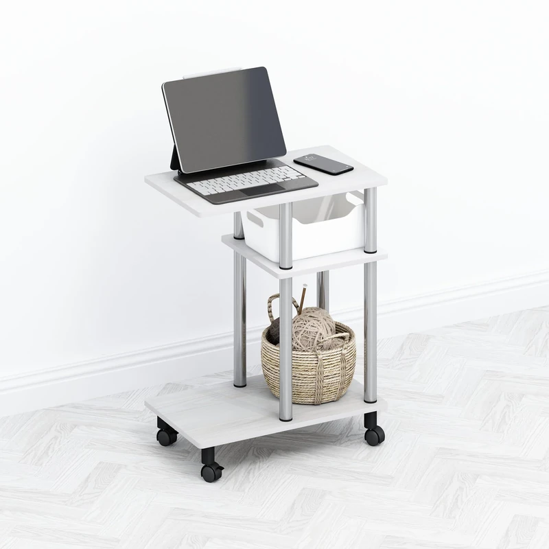 Furinno TOMI Side Table, 3-Tier C-Shape Open Shelf End Table with Wheels, Night Stand, Bedside Table, Toolless Assembly, for Living Room, Bedroom, White Oak/Stainless Steel