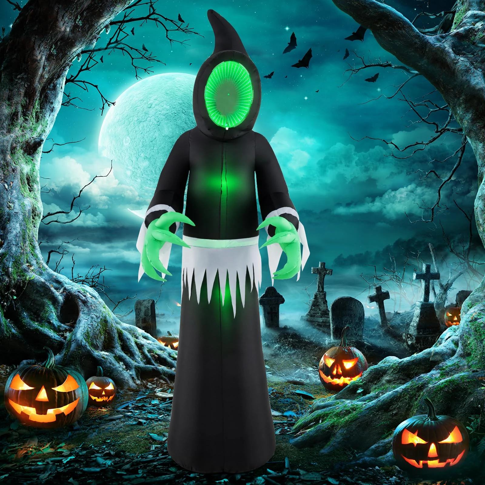COSTWAY 130CM/155CM/240CM/245CM Halloween Inflatables, Blow up Halloween Ghost Pumpkin Clown Owl Decorations with Built-in LED Lights, for Outdoor Indoor Festival Party(Black + Green Ghost)