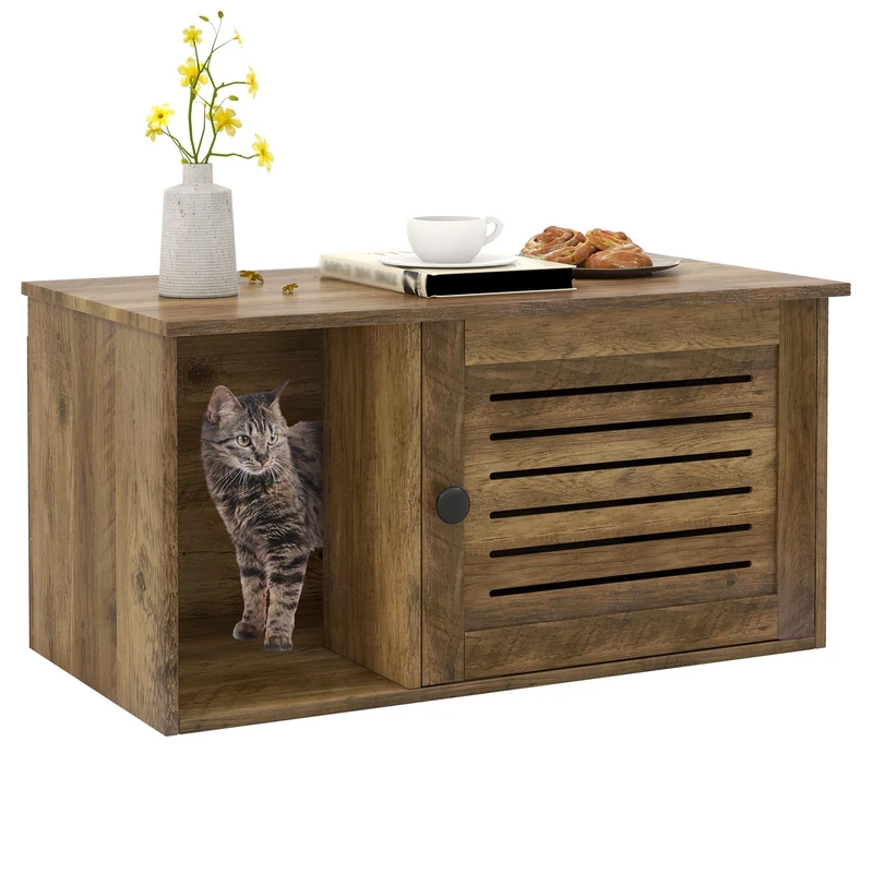 GYMAX Cat Litter Box Enclosure, Indoor Hidden Kitty Washroom Storage Cabinet Bench with Louvered Door & Winding Entry, Wooden Cats House End Table for Bedroom Living Room - Image 1