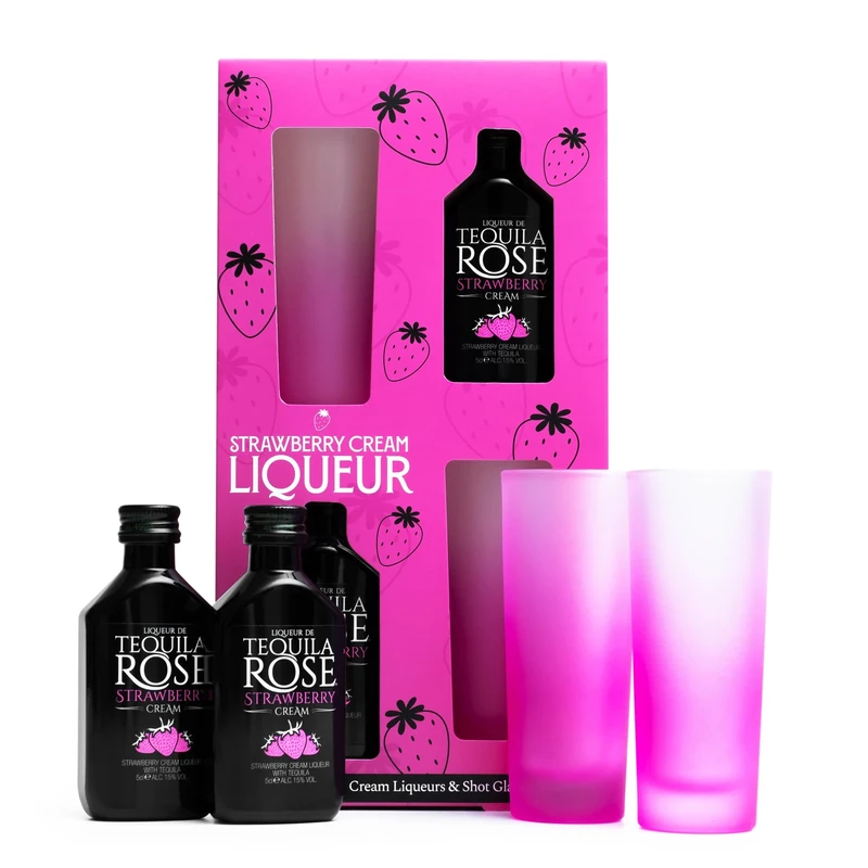 Tequila Rose Gift Set - Tequila Rose Strawberry Cream Liqueur 2x 5cl and 2x Shot Glasses - Miniature Alcohol Bottles, Birthday Gifts for Women, Men, Alcohol Gift Set for Her, Him, Mothers Day