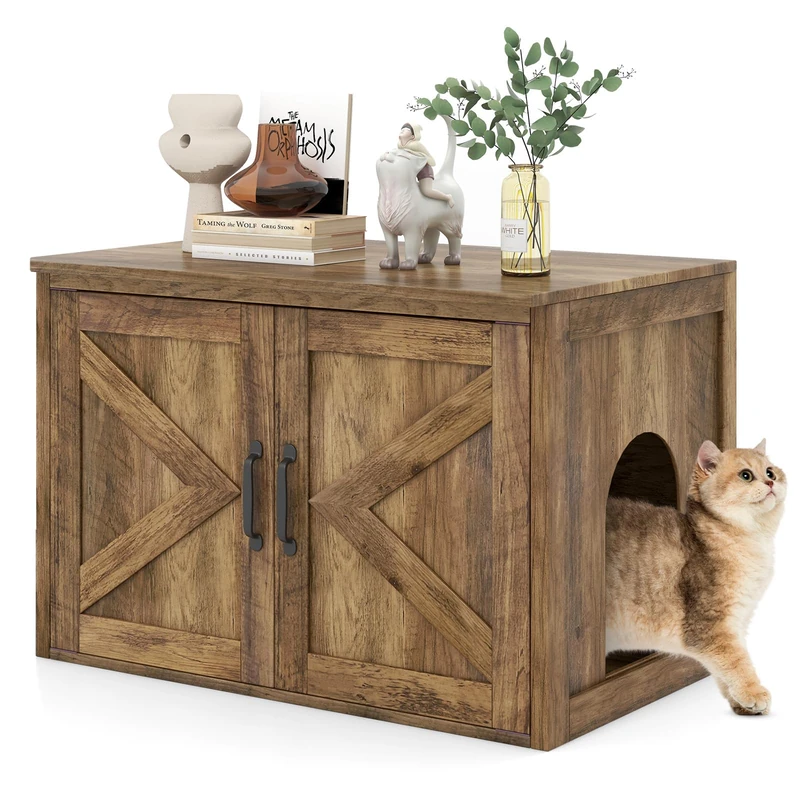 GYMAX Cat Litter Box Enclosure, Hidden Kitty Washroom Toilet Furniture Storage Cabinet Bench with 2 Doors & Entry Hole, Indoor Wooden Cats House for Bedroom Living Room Hallway