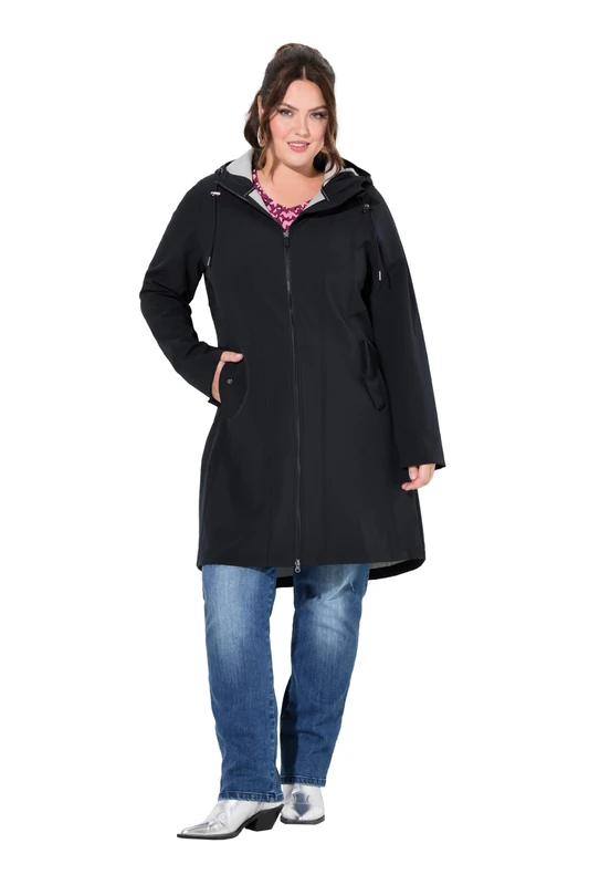 Ulla Popken Women's Hyprar Softshell, Water-Repellent, Hood, Long Jacket, black, 50-52