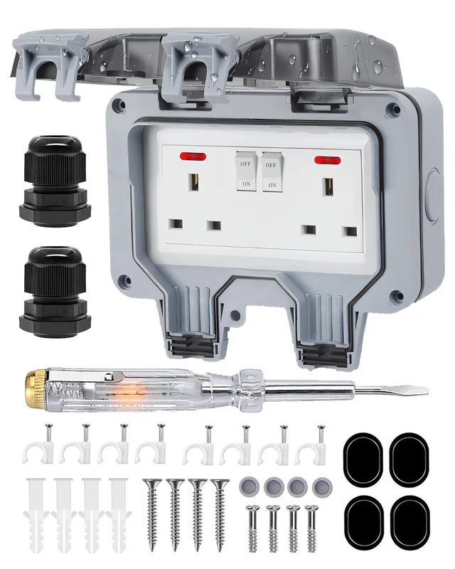 Outdoor Power Socket - Waterproof & Stormproof, 2 Gang Double Socket Extension Lead with 13 Amp, IP66 Rated