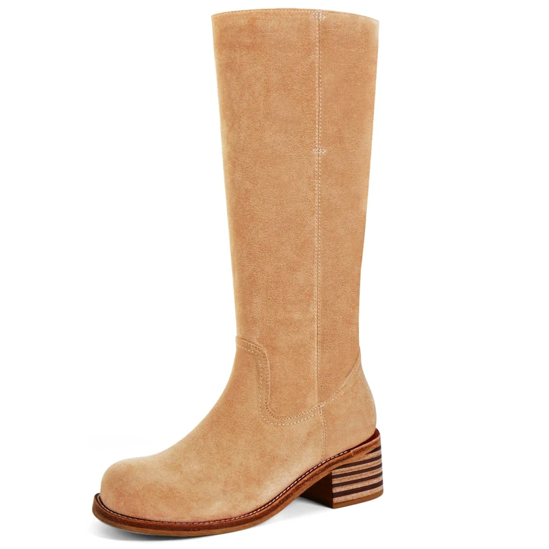 VBDB Women's Knee High Boots Square Toe Chunky Block Heel Long Boots for Women Comfortable Low Heel Womens Boots, Apricot, 5.5 UK