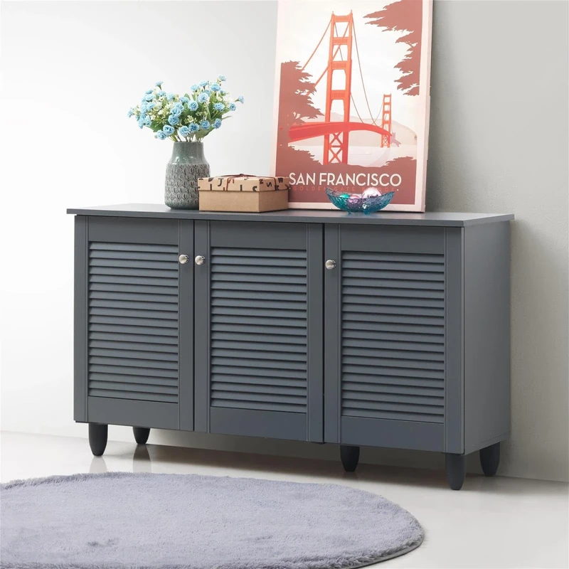 TAD TIMBER ART DESIGN UK Dark Grey Shoe Cabinet with Louvered Doors, 3 Compartments W114cm x H68cm x D34cm