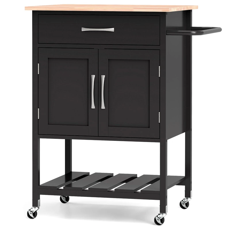 GiantexUK Kitchen Island Cart, Wooden Kitchen Storage Trolley with 2-Door Cabinet, Large Drawer, Bottom Tray & Towel Rack, Rolling Utility Cart on Wheels for Dining Living Room Restaurant (Black)