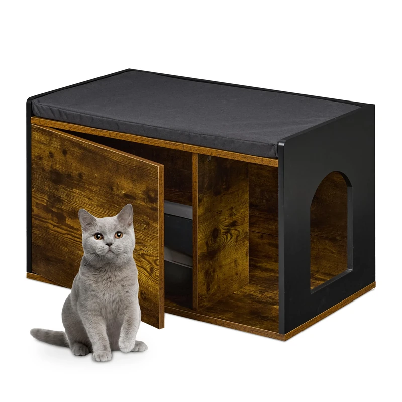 Relaxdays Litter Box Enclosure, Cat Cabinet with Cushion, Pet Den & Bench, HWD: 45.5 x 75 x 43 cm, Dog Cave, Brown/Black