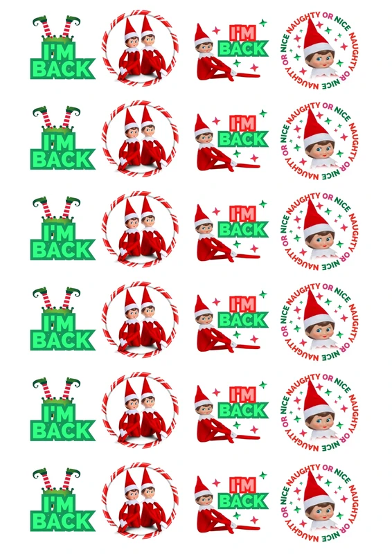 24 Naughty Elf Christmas I'm Back Edible Cupcake Cake Toppers PRECUT Premium Wafer Card Stand up Toppers