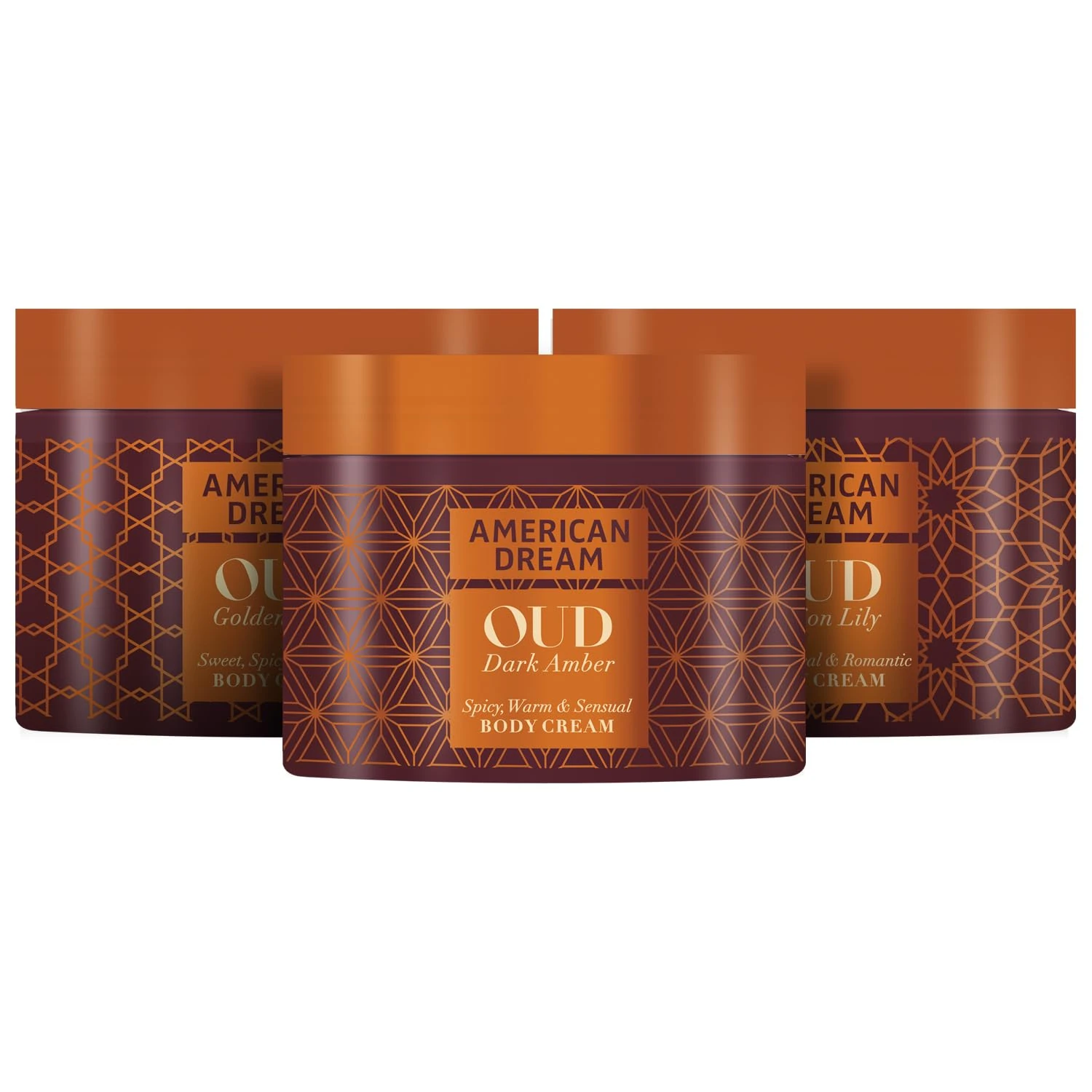 American Dream Oud Body Cream Trio, Dark Amber, Passion Lily, Golden Dusk, 500ml Each