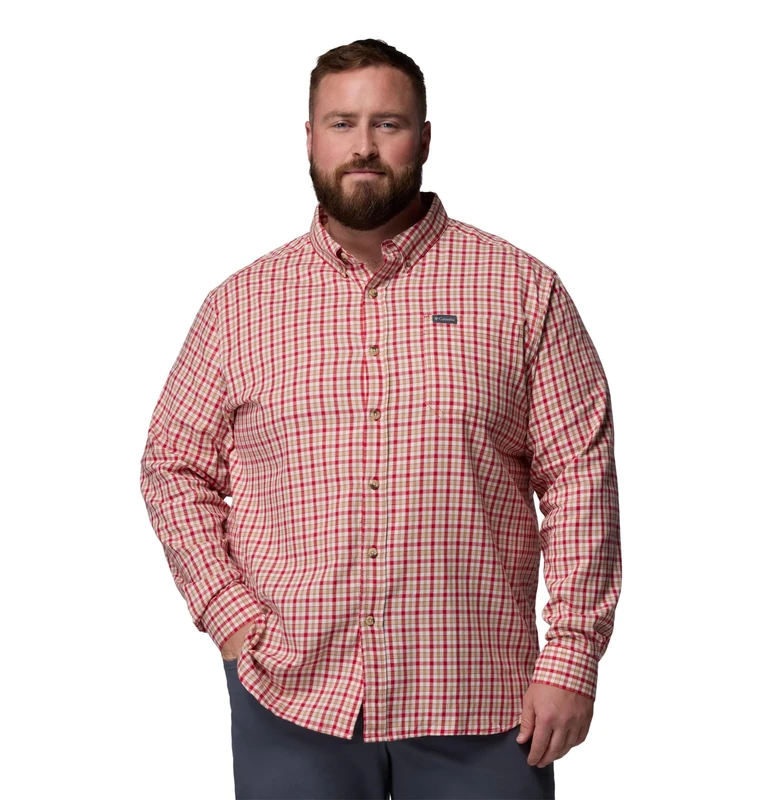 Columbia Mens Rapid Rivers II Long Sleeve Shirt, MTN Red Trail Crossing Gingham, Medium