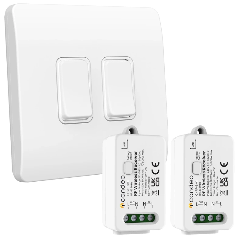 Candeo Wireless Kinetic Dual Light Switch (2-Gang) & 2 x RF Receiver Module Kit | No Wiring or Batteries Needed | Easy Installation & Eco-Friendly Modular Lighting Control | Customise Your Lights