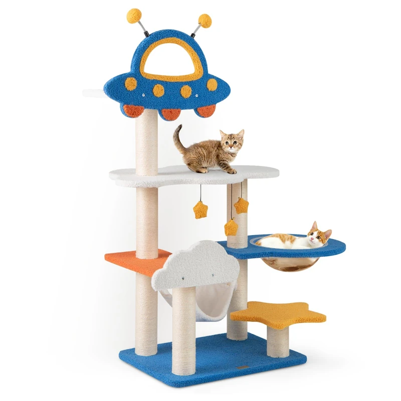 GYMAX Cat Tree, 124cm Tall Multi-level Cat Tower with Sisal Scratching Posts, Capsule Bed, Hammock, Dangling & Spring Toys, Space-Themed Cute Cat Furniture for Indoor Cats