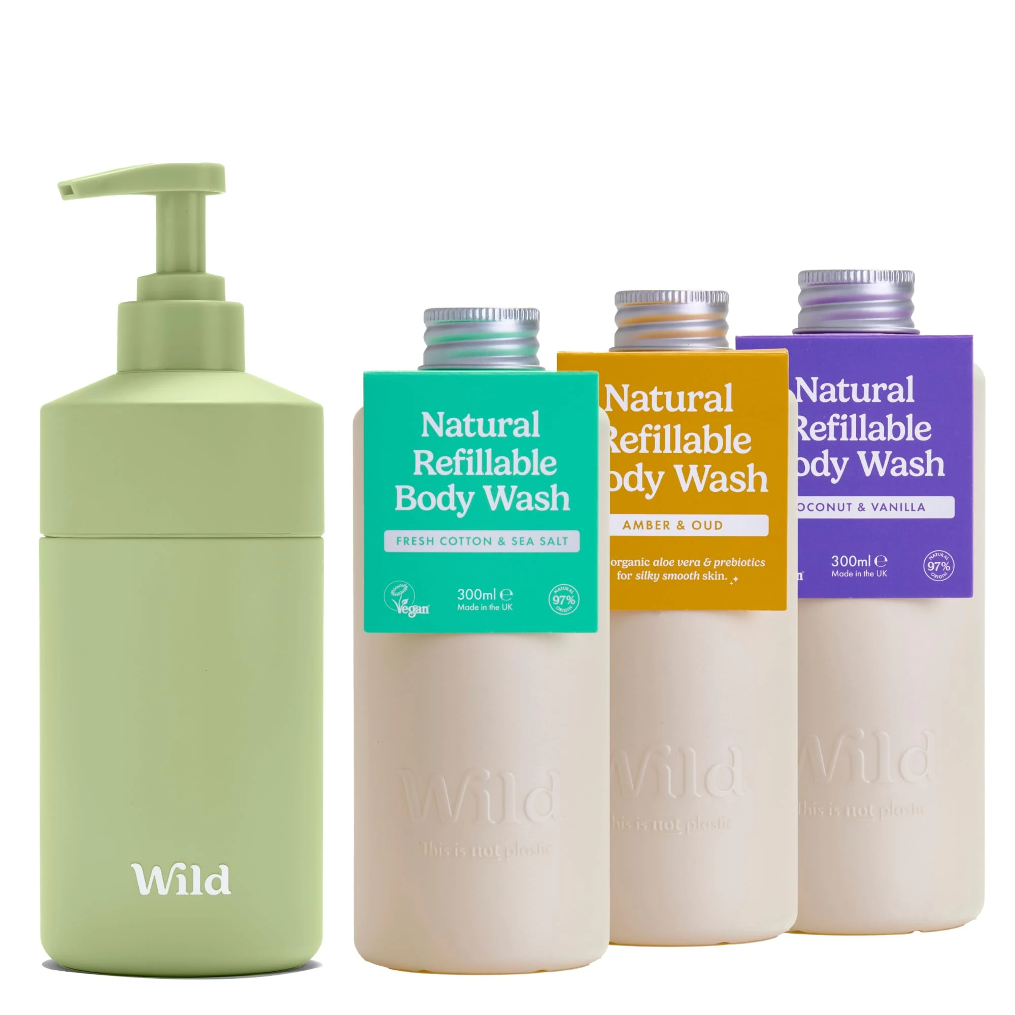 Wild Natural Refillable Body Wash Starter Kit - Includes Sage Green Aluminium Case & 3 Pack Shower Gel Refills in a Variety of Scents - Includes Coconut & Vanilla, Fresh Cotton and Amber & Oud Scents