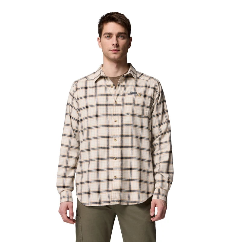 Columbia Mens Cornell Woods Flannel Long Sleeve Shirt, Chalk Quad Check, Small
