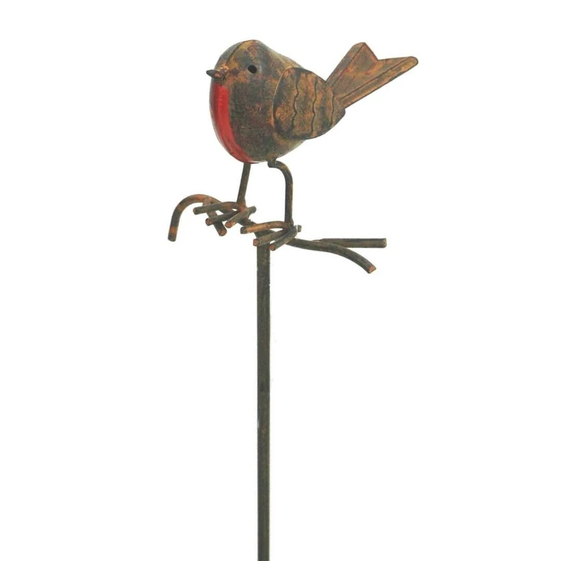 Ascalon 1m Rusty Metal Robin on Twig Garden Ornament - Tall Stake