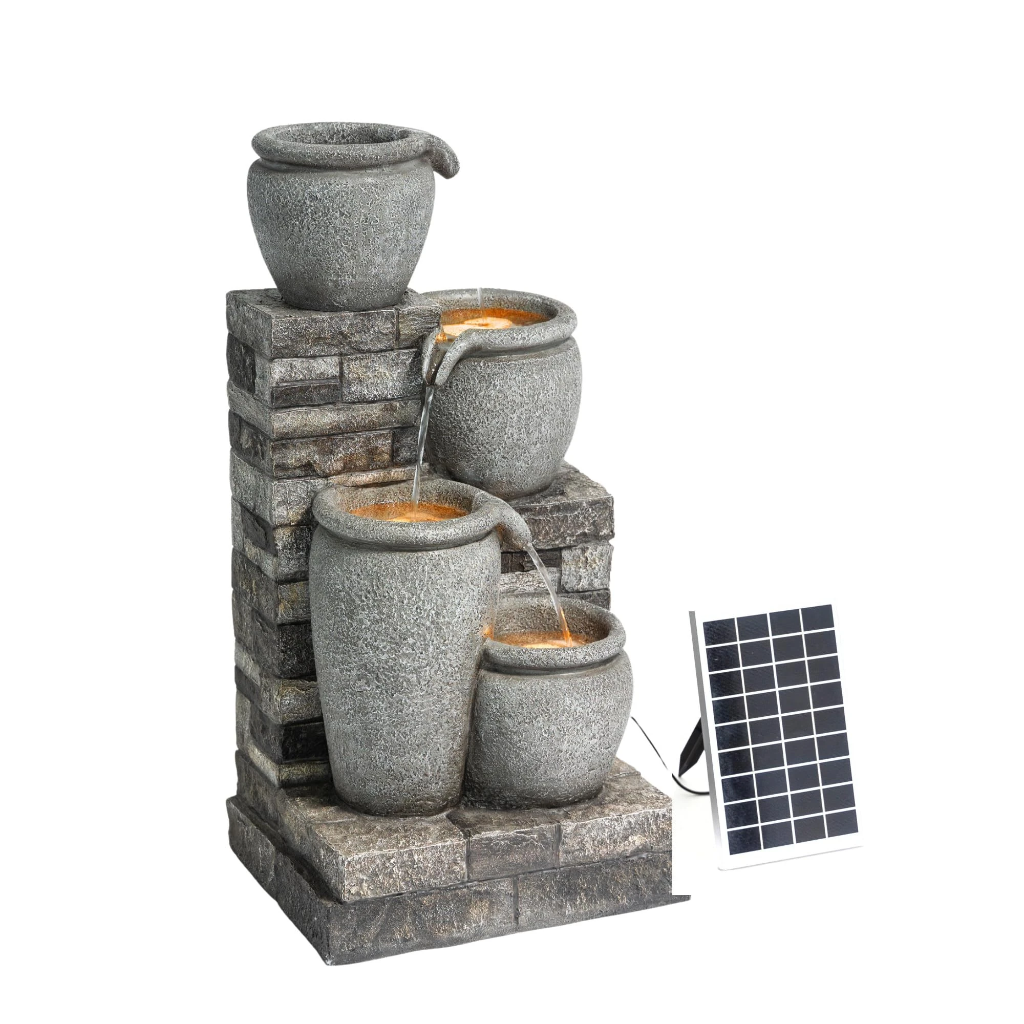 Teamson Home 30.7" 4-Tier Cascading Bowl Solar Powered Water Fountain for Outdoor Living Spaces, Gray