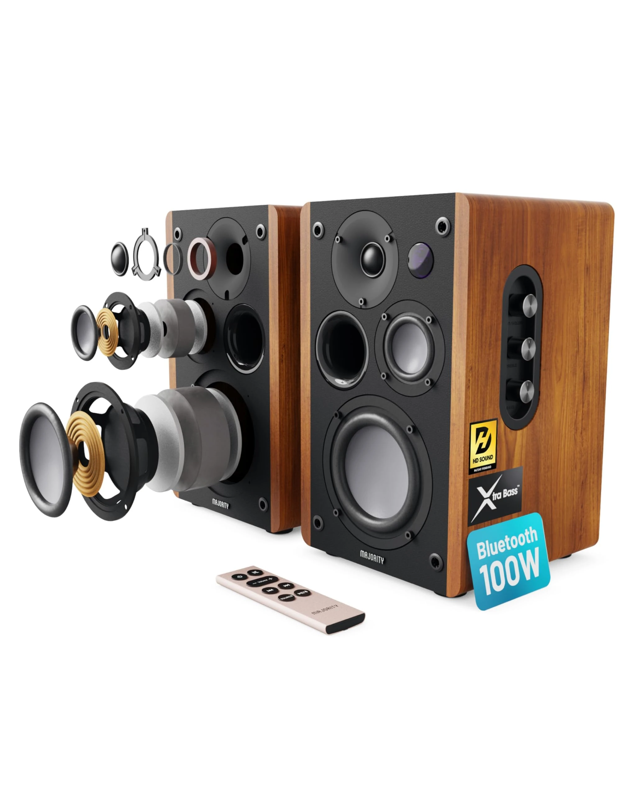5.3 Bluetooth Bookshelf Speakers | Hifi Bluetooth Stereo | 100W Studio Monitors | Xtra Bass & 3 Drivers Hifi Speakers | Multi-Connection Options, Remote Control, USB Playback | Majority D100
