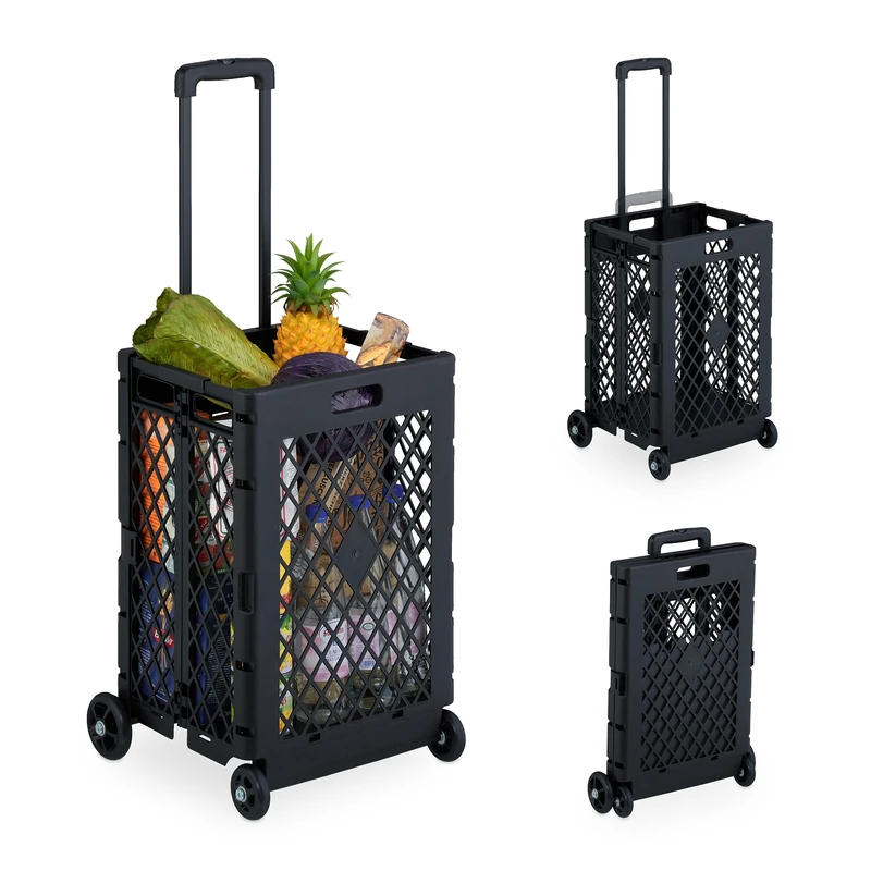 Relaxdays Foldable Shopping Trolley, Collapsible Basket on Wheels, 25 kg Capacity, Telescopic Handle, Mesh, Black